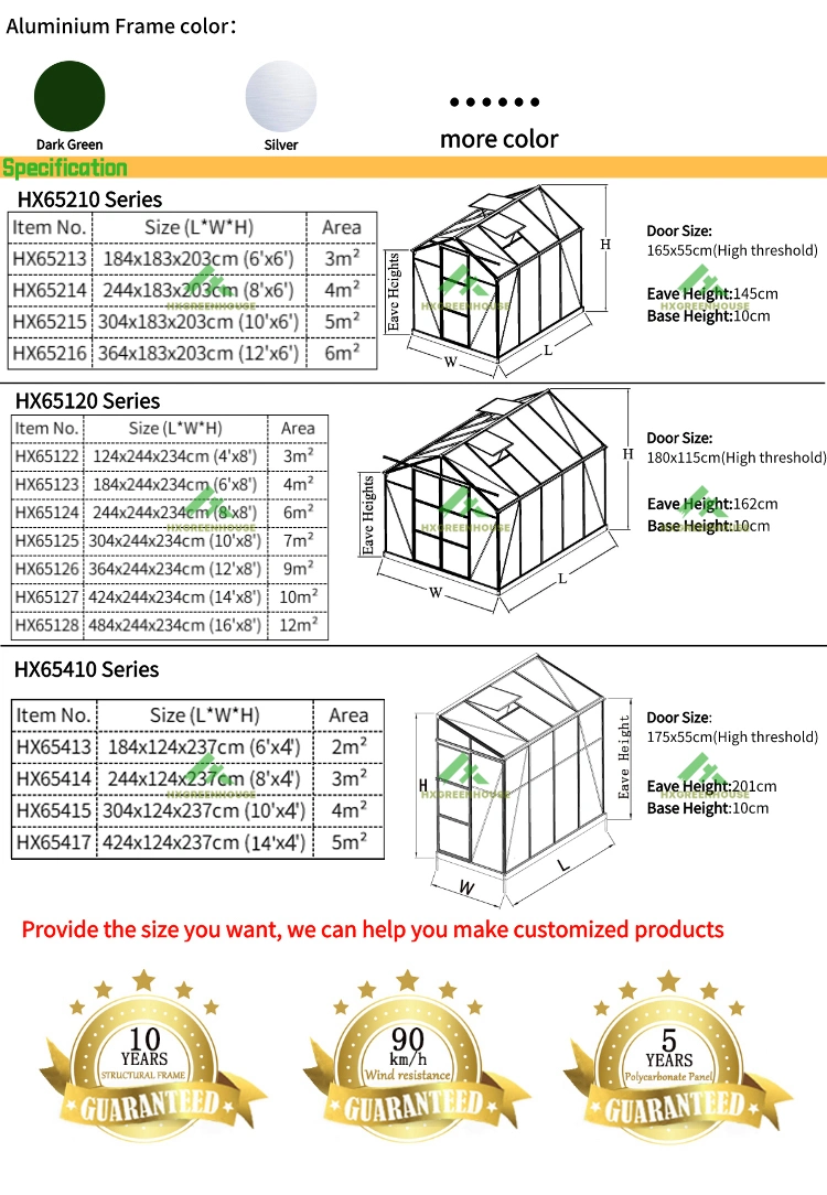 Latest 6mm Polycarbonate Sheet Aluminium Greenhouse Hx65126g-1 Series